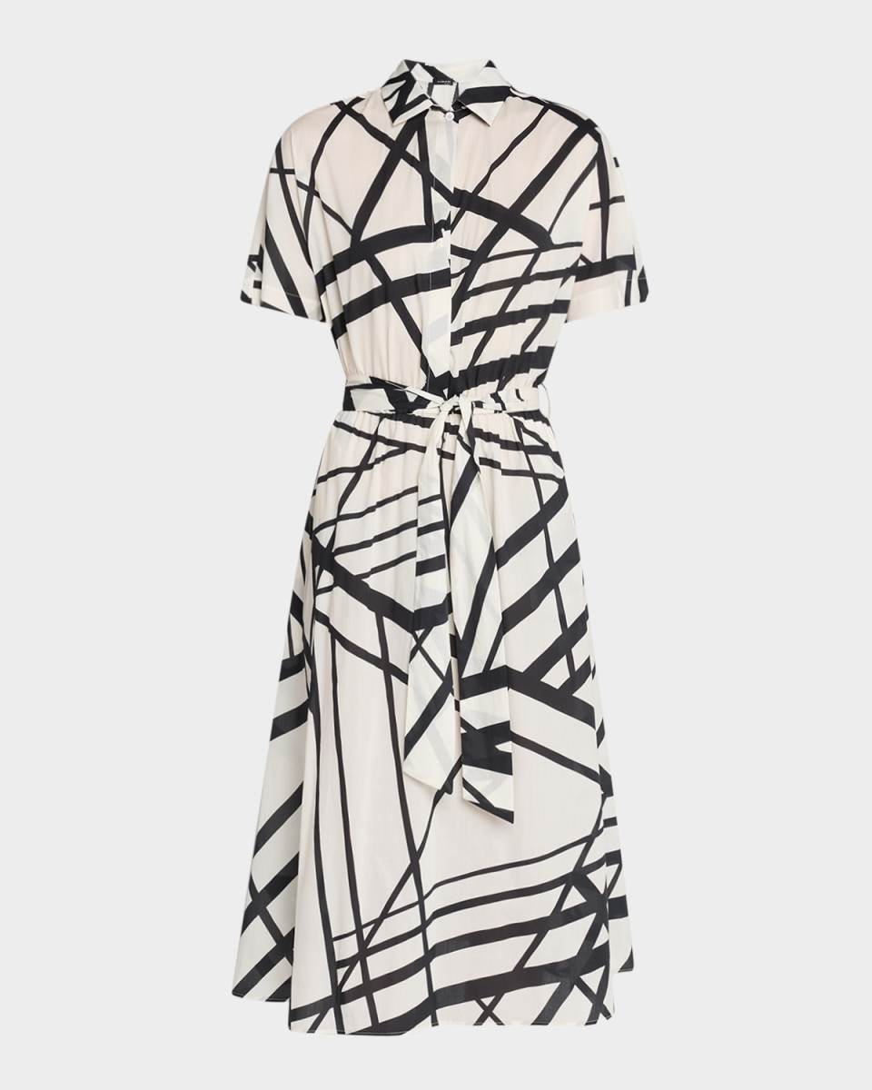 Abstract-Print Short-Sleeve Belted Midi Shirtdress